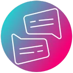 Icône linéaire de deux bulles de dialogue superposées avec lignes de texte, sur fond dégradé rose-bleu