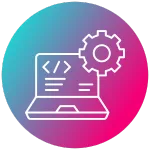 Icône linéaire d'une mallette à outils avec clé et tournevis croisés, sur fond dégradé rose-bleu