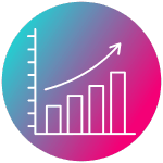 Icône linéaire d'un graphique à barres ascendant avec courbe de tendance positive, sur fond dégradé