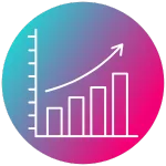 Icône linéaire d'un graphique à barres ascendant avec courbe de tendance positive, sur fond dégradé