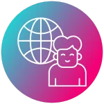 Icône linéaire d'un utilisateur souriant à côté d'un globe terrestre, sur fond dégradé rose-bleu