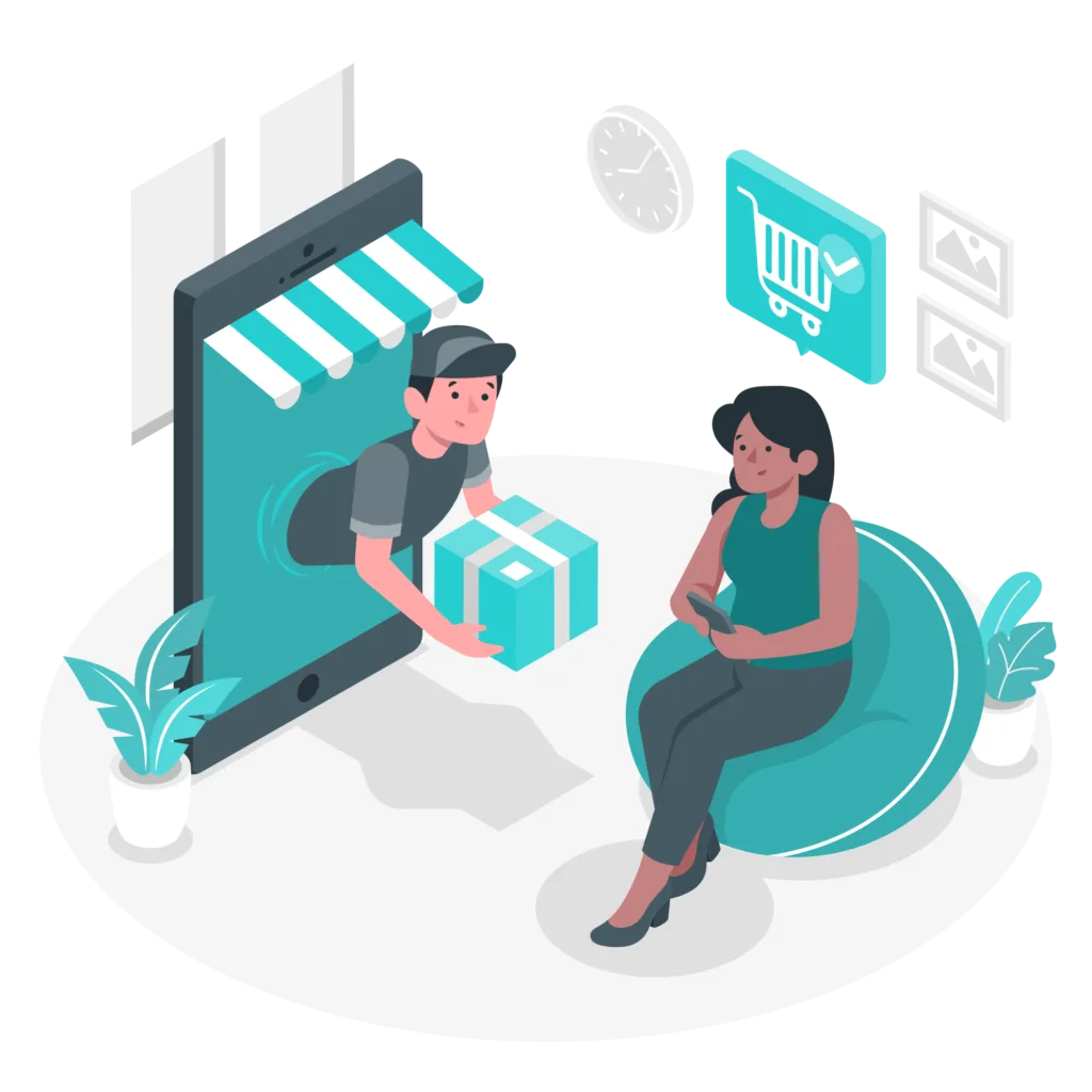 Illustration d'un livreur émergeant d'un smartphone géant pour remettre un colis à une cliente assise dans un fauteuil